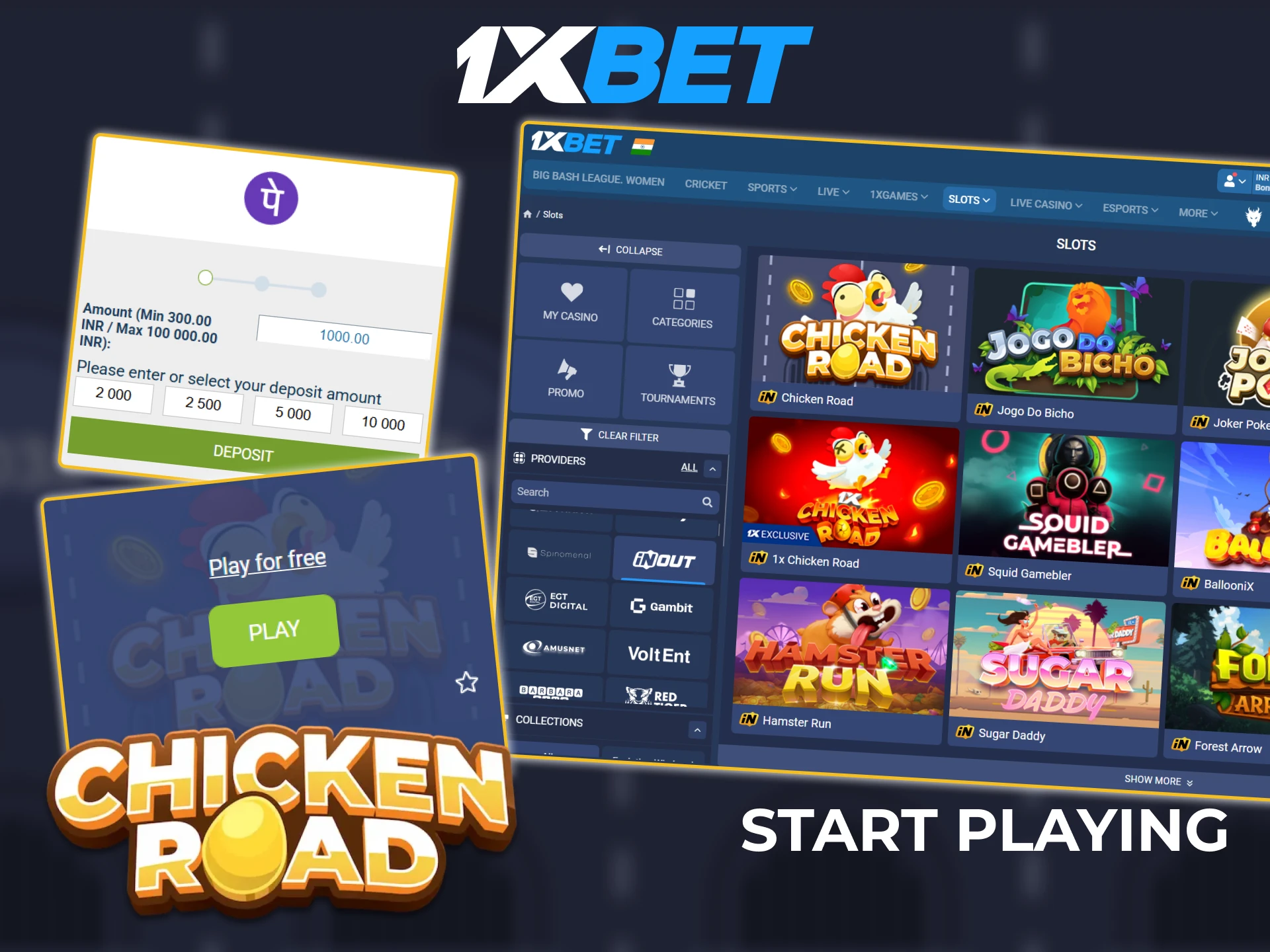 Find the Chicken Road game link in the 1xbet casino games section.