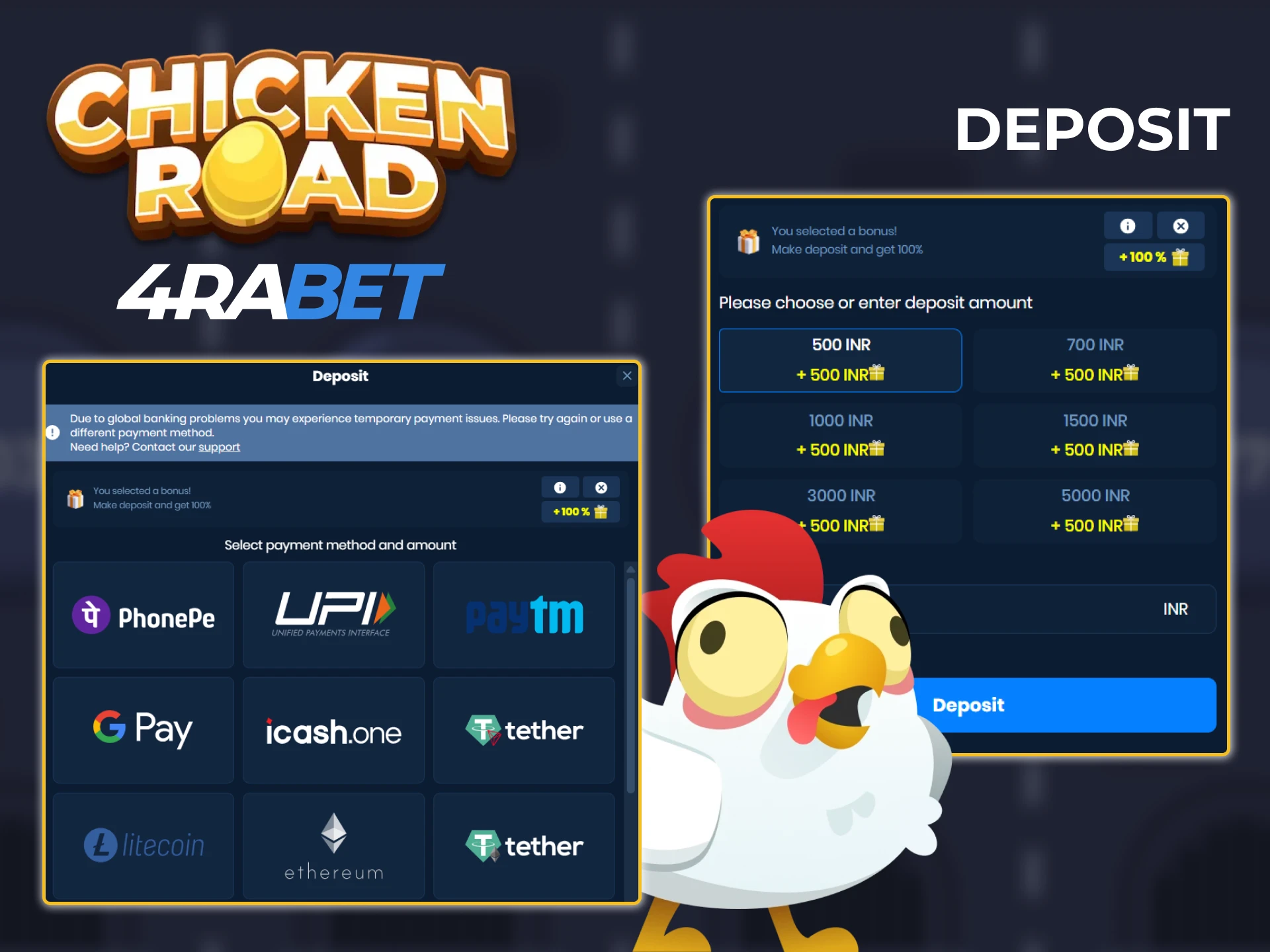 At 4rabet, you can choose from a variety of popular payment methods to make a deposit for Chicken Road.