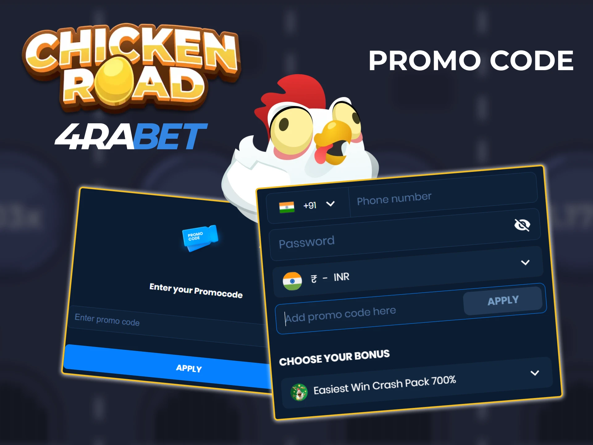 Use the special field in the 4rabet registration form to add the promo code and use it for Chicken Road.