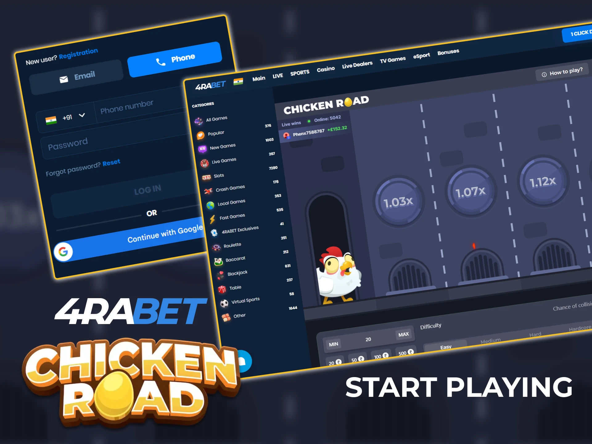 Log in to your 4rabet account and find the Chicken Road game in the casino section.
